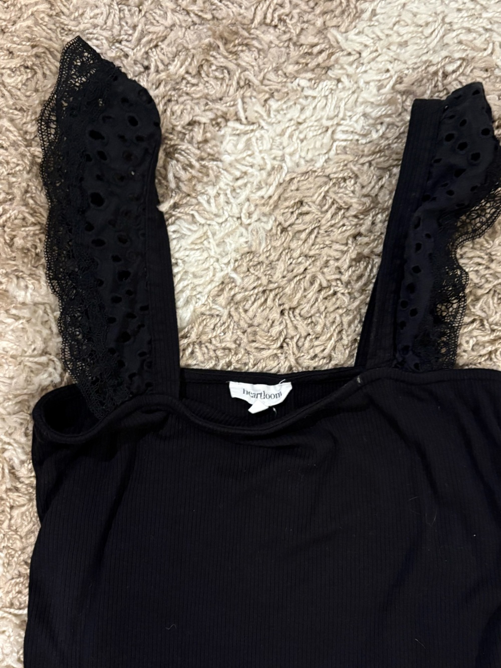 Black Lace & Ruffle Strap Ribbed Tank Top - Picture 3 of 5